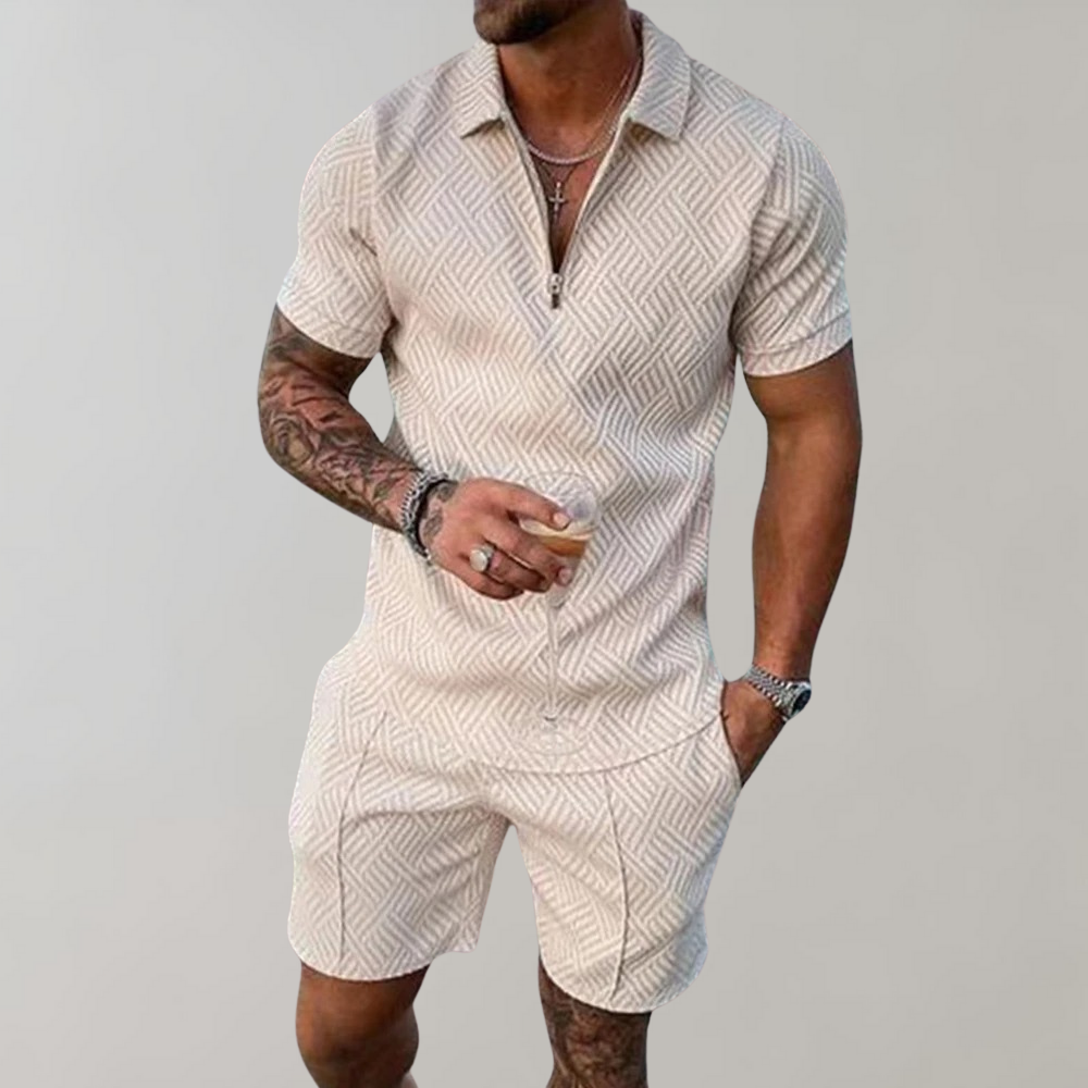Men’s Matching Set – Slim Fit Zip Polo Shirt and Shorts – Lightweight Breathable Fabric