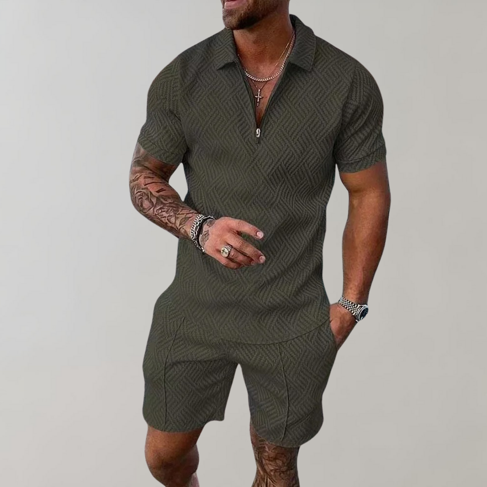 Men’s Matching Set – Slim Fit Zip Polo Shirt and Shorts – Lightweight Breathable Fabric