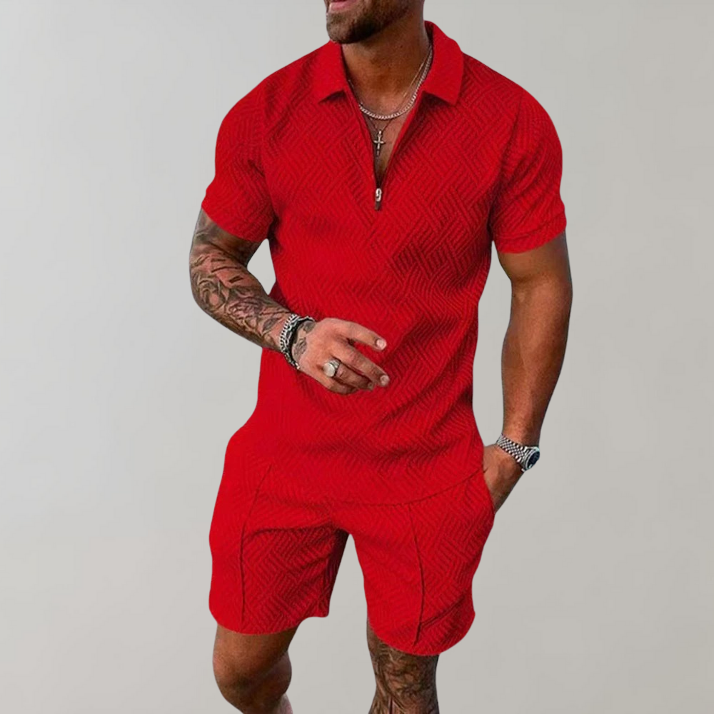 Men’s Matching Set – Slim Fit Zip Polo Shirt and Shorts – Lightweight Breathable Fabric