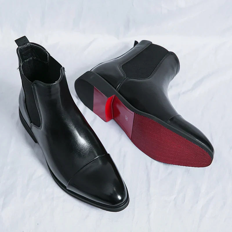 Men’s Ankle Boots – Polished Leather – Cap Toe – Elastic Panels – Red Sole Detail