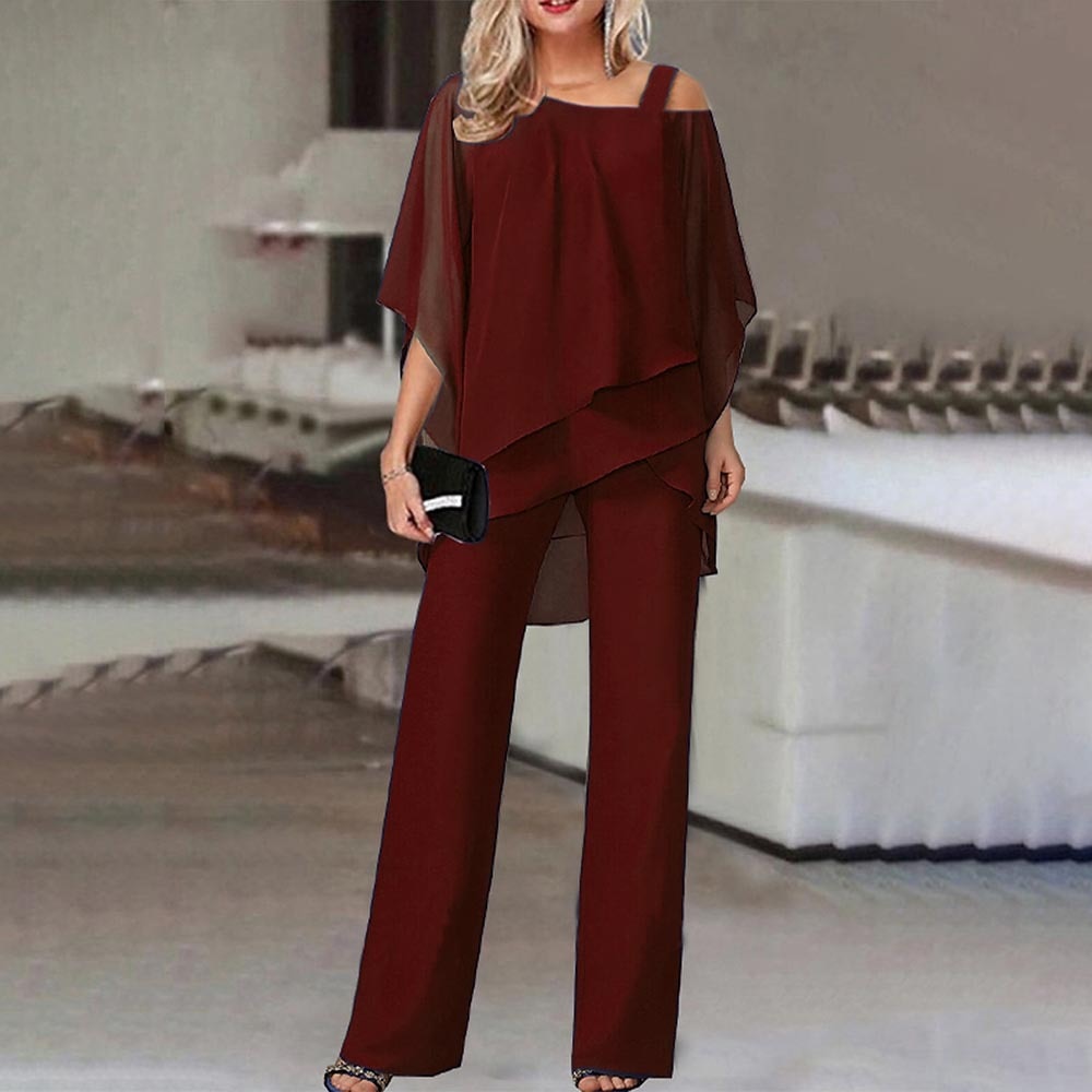 Women’s 2-Piece Set – Cold Shoulder Top – Wide-Leg Trousers – Flowy Chiffon-Like Fabric