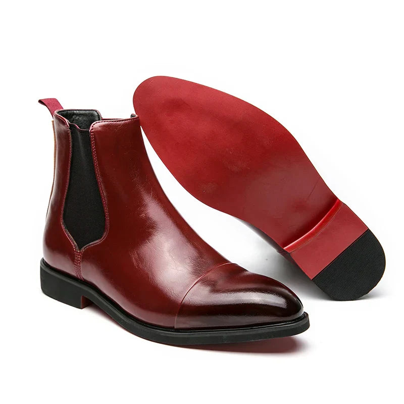 Men’s Ankle Boots – Polished Leather – Cap Toe – Elastic Panels – Red Sole Detail