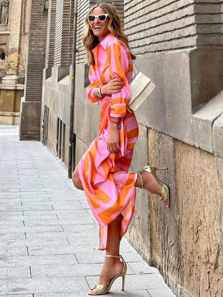 Women’s Wrap Dress – Adjustable Fit – Collared – Long Sleeve – Striped Midi Length