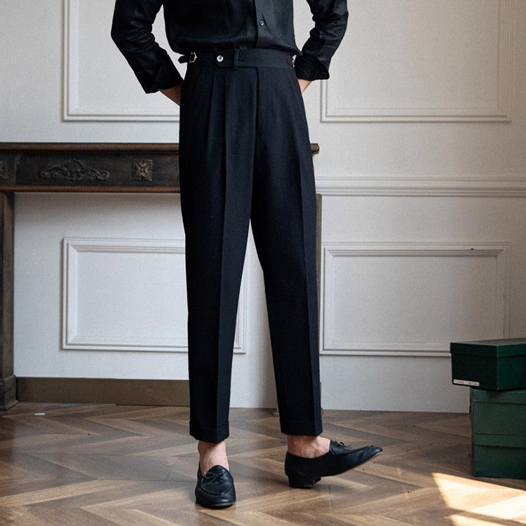 Men’s Wool Blend Trousers – High Waist – Tailored Fit – Pleated Front – Side Adjusters
