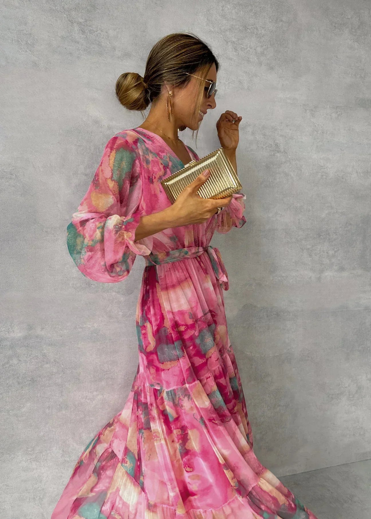 Women’s Long Sleeve Dress – Wrap V-Neck – Belted Waist – Tiered Maxi Skirt