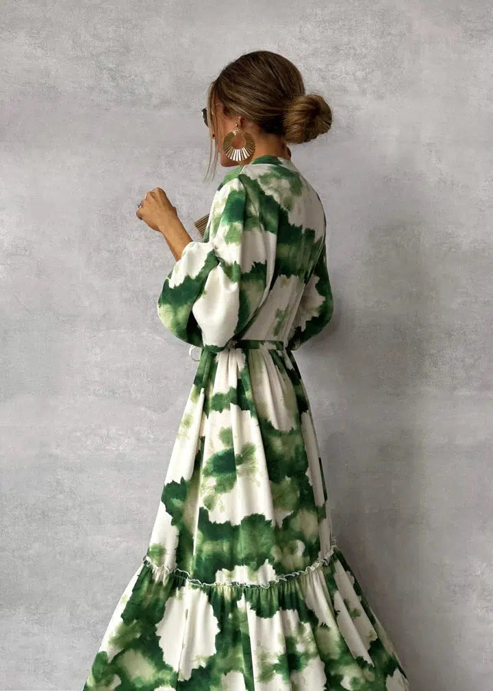 Women’s Maxi Dress – Long Sleeve – V-Neck – Flowy Fit – Tiered Hem – Belted Waist