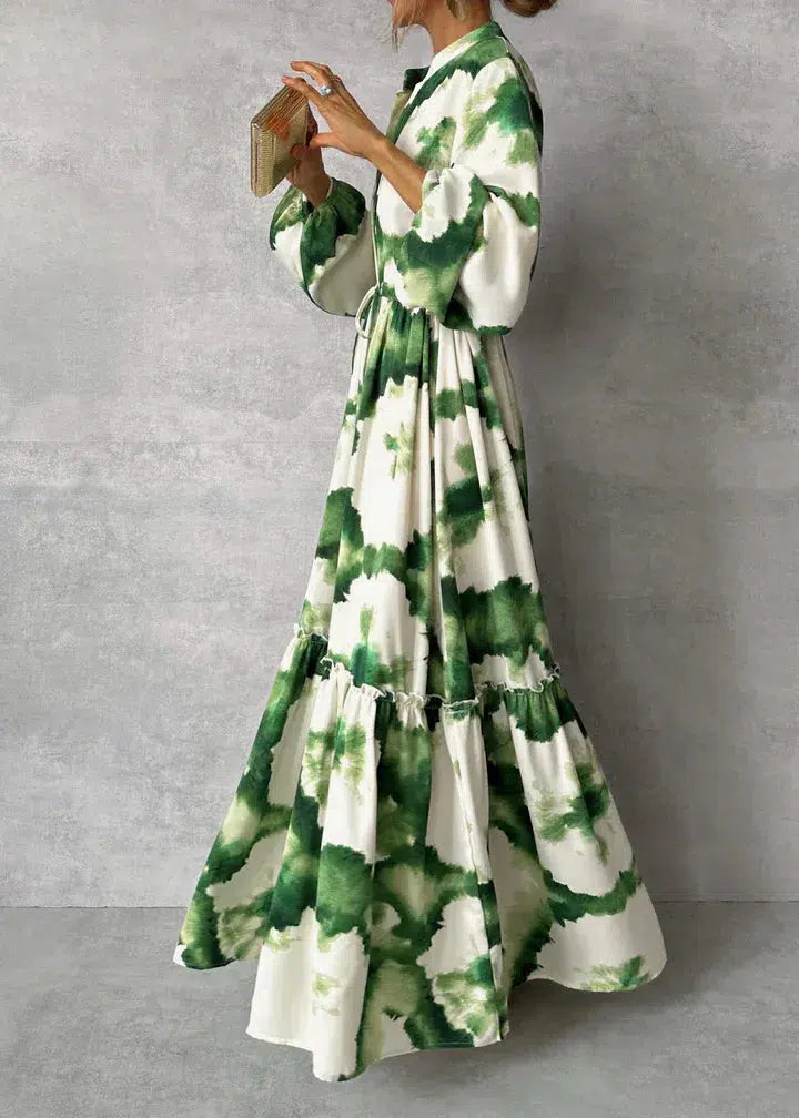 Women’s Maxi Dress – Long Sleeve – V-Neck – Flowy Fit – Tiered Hem – Belted Waist