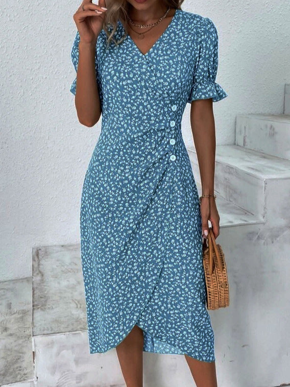 Women’s Midi Dress – Slim Fit Wrap Style – Floral Print – Puff Sleeve V-Neck