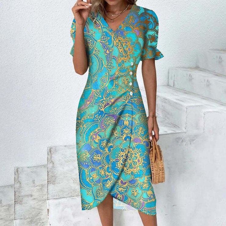 Women’s Midi Dress – Slim Fit Wrap Style – Floral Print – Puff Sleeve V-Neck
