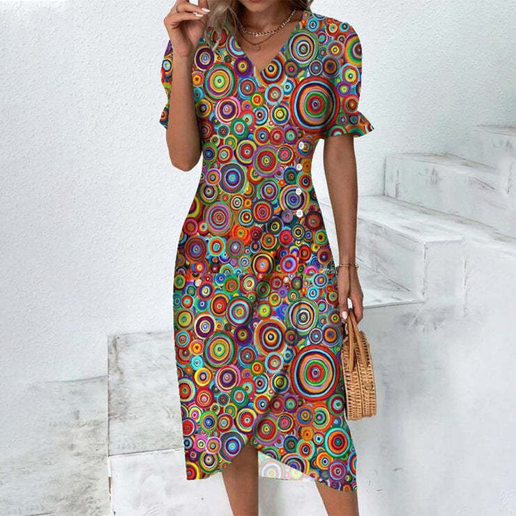 Women’s Midi Dress – Slim Fit Wrap Style – Floral Print – Puff Sleeve V-Neck