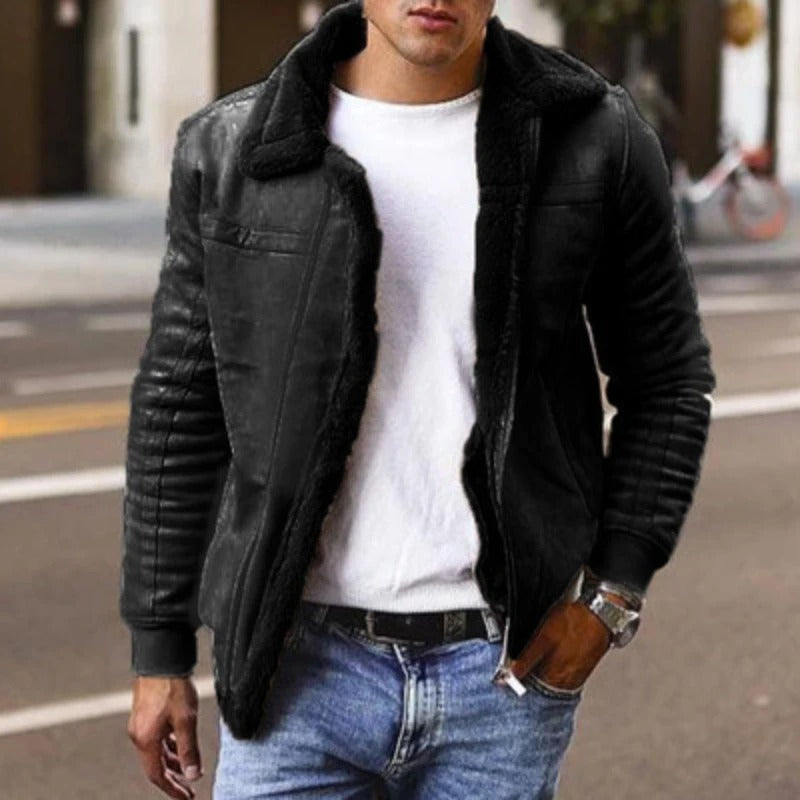 Men’s Faux Leather Jacket – Shearling Lined – Structured Fit – Zip Front Closure