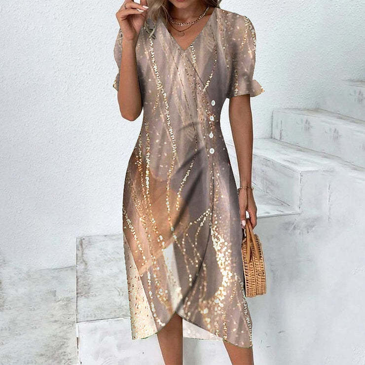 Women’s Midi Dress – Slim Fit Wrap Style – Floral Print – Puff Sleeve V-Neck