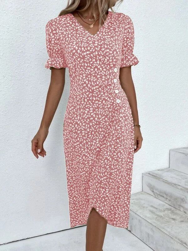 Women’s Midi Dress – Slim Fit Wrap Style – Floral Print – Puff Sleeve V-Neck