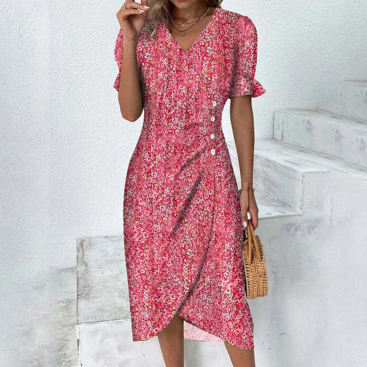 Women’s Midi Dress – Slim Fit Wrap Style – Floral Print – Puff Sleeve V-Neck