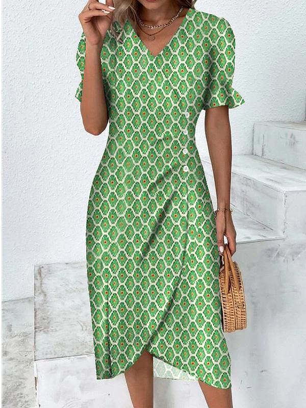 Women’s Midi Dress – Slim Fit Wrap Style – Floral Print – Puff Sleeve V-Neck